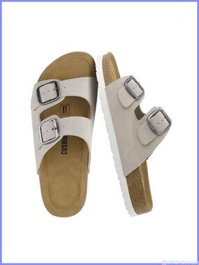 Genuine Leather Suede Slides Cushioned Cork Footbed Sandals Adjustable Buckle